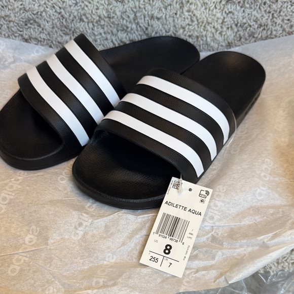 Adidas Adilette Aqua Slides in Black and White - Picture 1 of 3